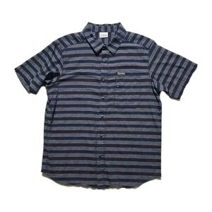 COLUMBIA MENS BLUE WHITE STRIPED SHORT SLEEVES SNAP FRONT POCKET  SHIRT